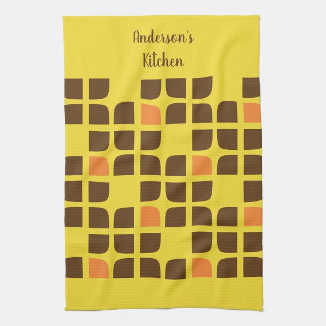 Retro Squares Yellow Brown Custom Family Name Kitchen Towel (Vertical)