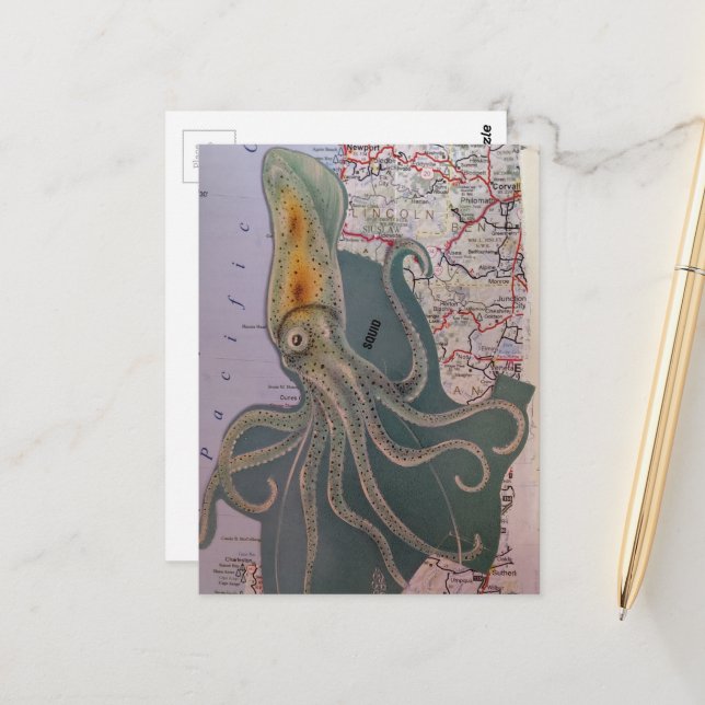 Retro Squid and Map Collage Postcard (Front/Back In Situ)