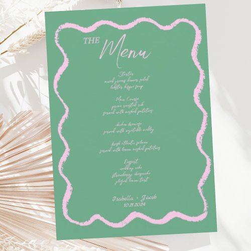 Retro Squiggle Pink and Green Handwritten Wedding  Menu