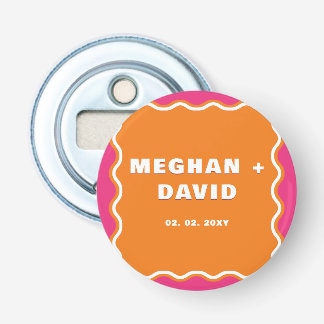Retro Squiggle Wavy Curve Pink Orange Wedding Bottle Opener