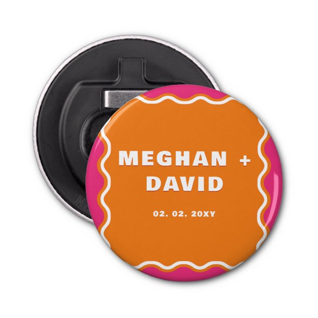 Retro Squiggle Wavy Curve Pink Orange Wedding  Bottle Opener (Front)