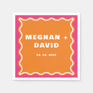 Retro Squiggle Wavy Curve Pink Orange Wedding Napkins
