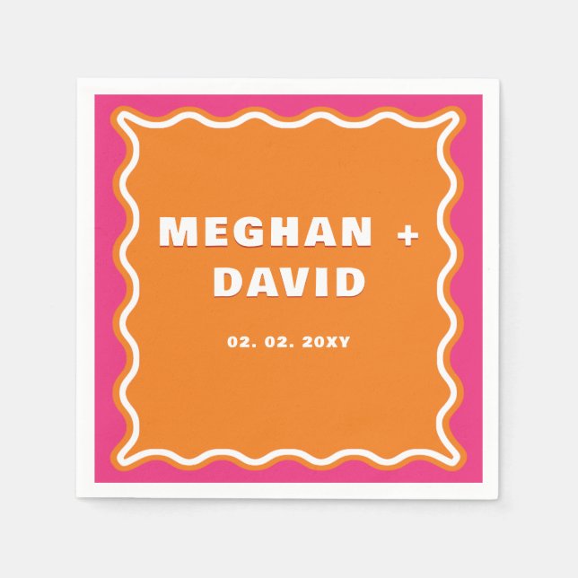 Retro Squiggle Wavy Curve Pink Orange Wedding Napkins (Front)