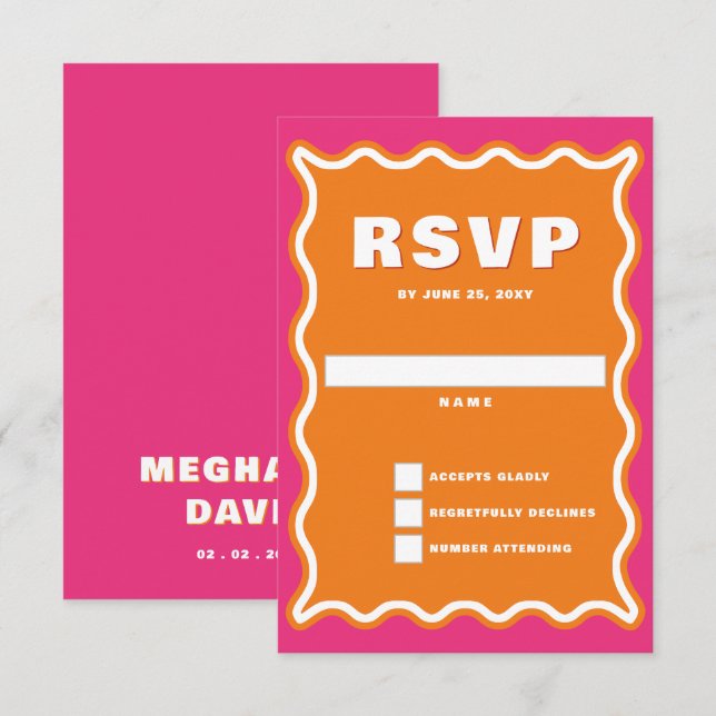 Retro Squiggle Wavy Curve Pink Orange Wedding RSVP Card (Front/Back)