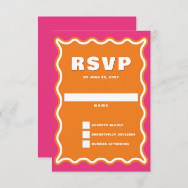 Retro Squiggle Wavy Curve Pink Orange Wedding RSVP Card