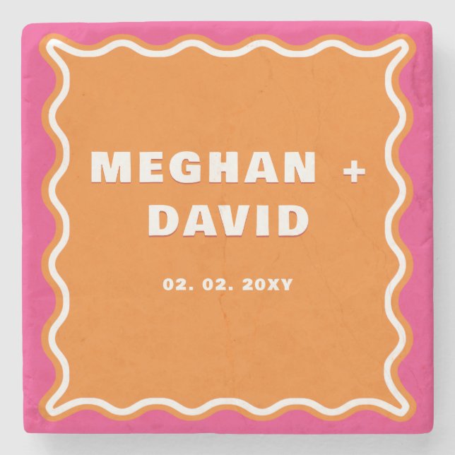 Retro Squiggle Wavy Curve Pink Orange Wedding  Stone Coaster (Front)