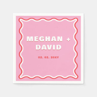 Retro Squiggle Wavy Curve Pink Red Wedding  Napkins