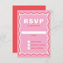Retro Squiggle Wavy Curve Pink Red Wedding  RSVP Card