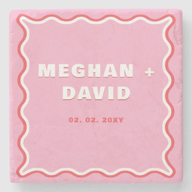 Retro Squiggle Wavy Curve Pink Red Wedding   Stone Coaster (Front)
