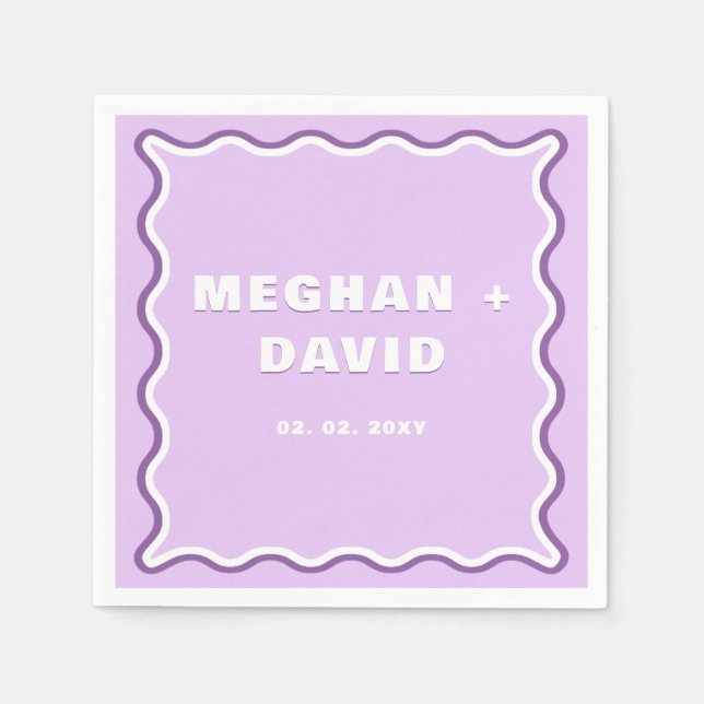 Retro Squiggle Wavy Curve Purple Wedding  Napkins (Front)