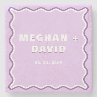Retro Squiggle Wavy Curve Purple Wedding   Stone Coaster