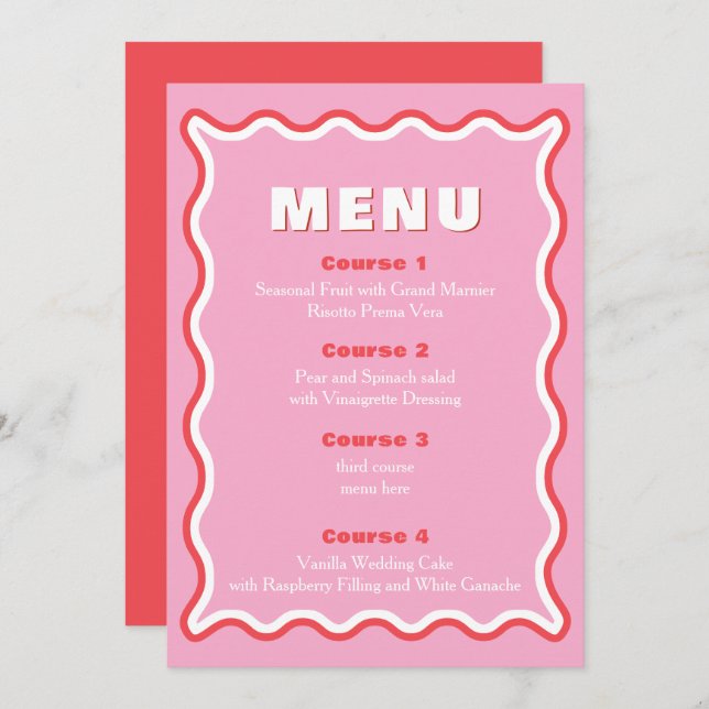Retro Squiggle Wavy Pink Red Wedding Menu (Front/Back)