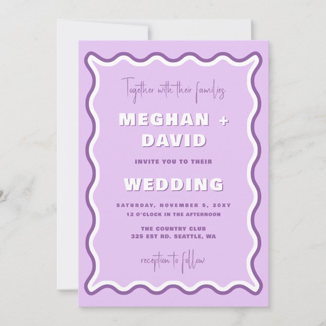 Retro Squiggle Wavy Purple Photo Wedding  Invitation (Front)