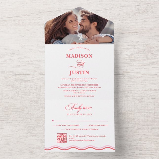 Retro Squiggly Curves Pink and Red Wavy Wedding All In One Invitation (Inside)