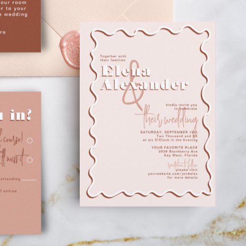 Retro Squiggly Wavy Blush Terracotta Wedding Invitation