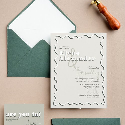 Retro Squiggly Wavy Green Taupe Wedding Invitation