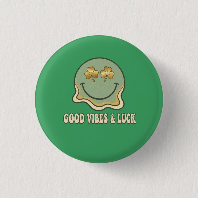 Retro St. Patrick's Day Good Vibes & Luck Smiley  Button (Front)