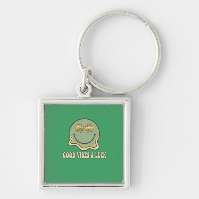 Retro St. Patrick's Day Good Vibes & Luck Smiley  Keychain (Front)