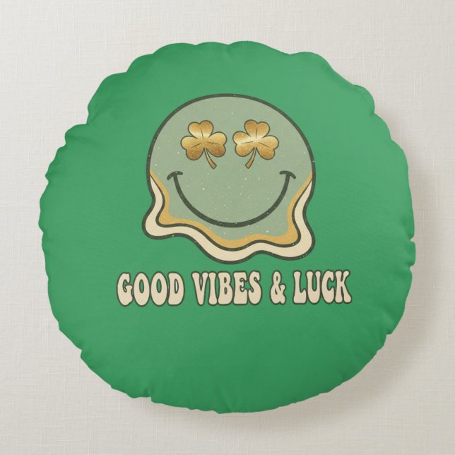 Retro St. Patrick's Day Good Vibes & Luck Smiley  Round Pillow (Front)
