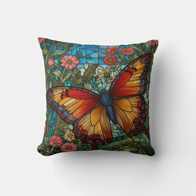 Retro stain glass butterfly garden throw pillow (Front)