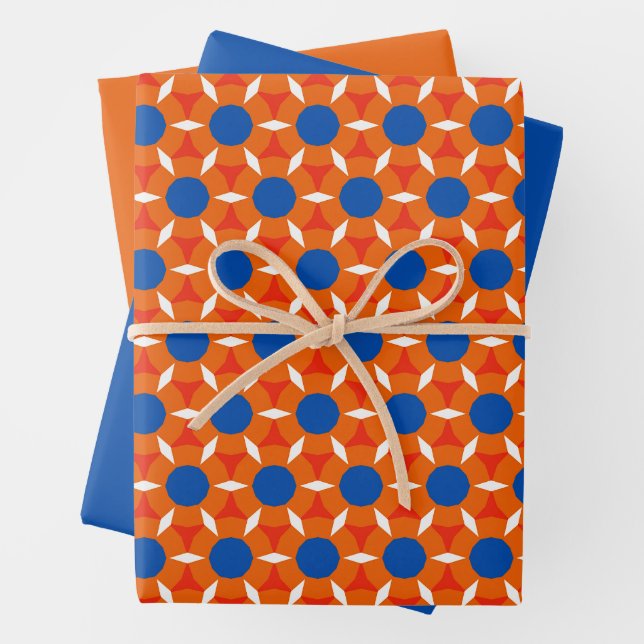 Retro Star Round Flower Orange Blue Wrapping Paper Sheets (In situ)
