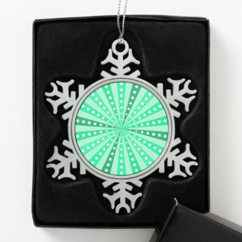 Retro Starburst Background _ Green Snowflake Pewter Christmas Ornament