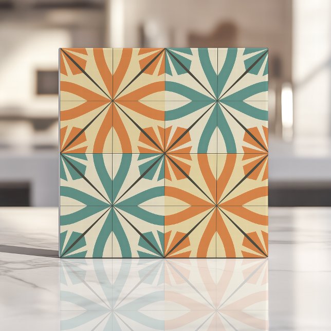 Retro Starburst Design in Teal and Terracotta Ceramic Tile (Creator Uploaded)