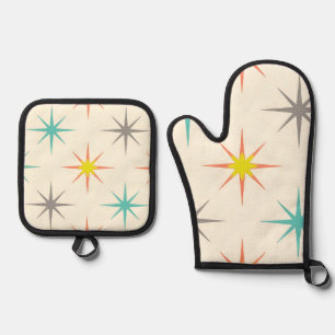 Retro Starburst Mid-Century Pattern Oven Mitt & Pot Holder Set
