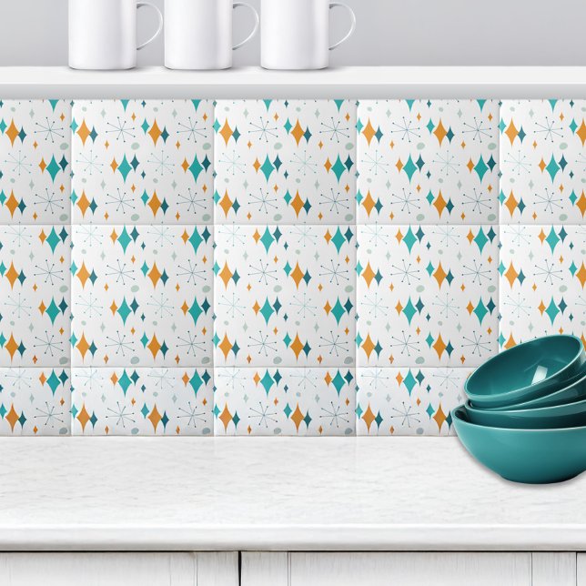 Retro Starburst Stars Pattern Orange Teal Aqua Ceramic Tile (Retro Starburst Stars Pattern Orange Teal Aqua Ceramic Tile)