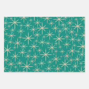 Retro Starbursts in Mid Mod Beige, Orange, Teal Wrapping Paper Sheets
