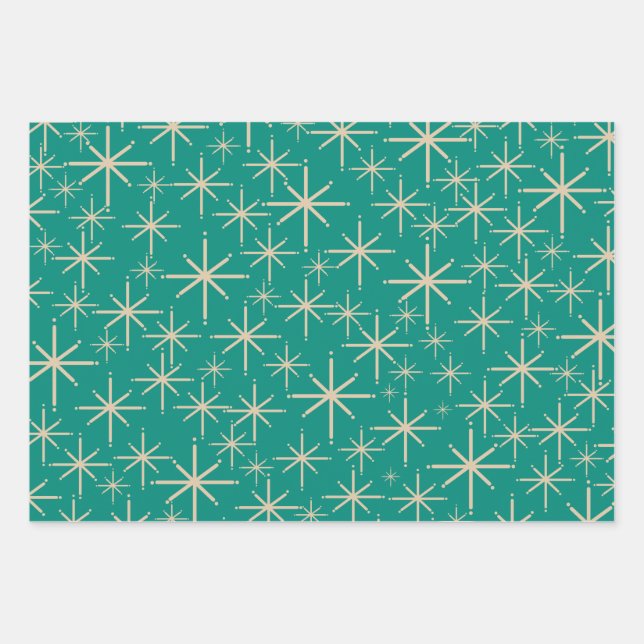 Retro Starbursts in Mid Mod Beige, Orange, Teal Wrapping Paper Sheets (Front)