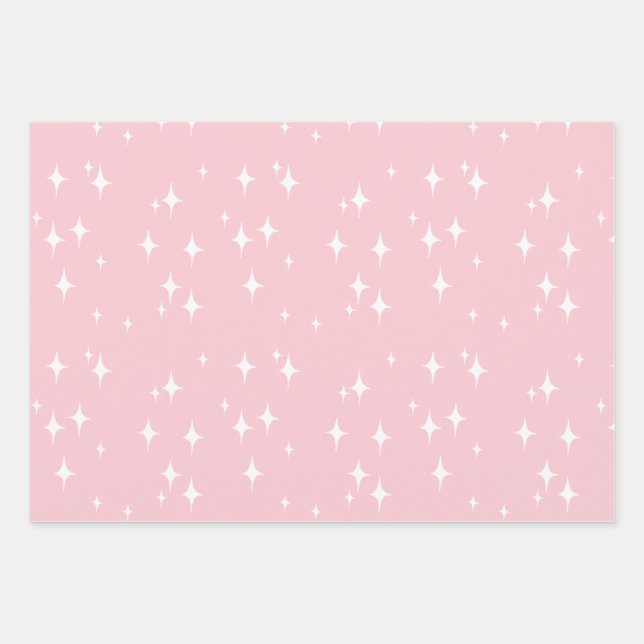 Retro Stardust Starburst Stars Pink Aesthetic Wrapping Paper Sheets (Front)