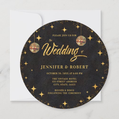 Retro Stars Black Gold Glitter Disco Ball Wedding Invitation