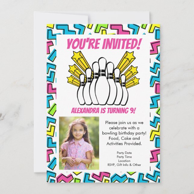 Retro Stars Girls Photo Bowling Party Birthday Invitation (Front)