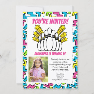 Retro Stars Girls Photo Bowling Party Birthday Invitation