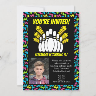 Retro Stars Photo Bowling Party Birthday Invitation