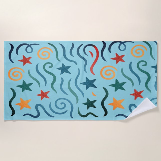 Retro Stars & Waves Pattern Design Beach Towel (Front)