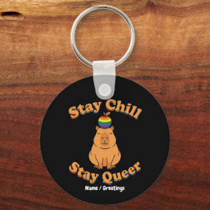 Retro Stay Chill Stay Queer Capybara Rainbow Zen  Keychain