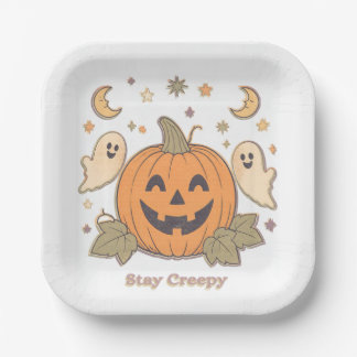 Retro Stay Creepy Pumpkin & Cute Ghosts Halloween Paper Plates