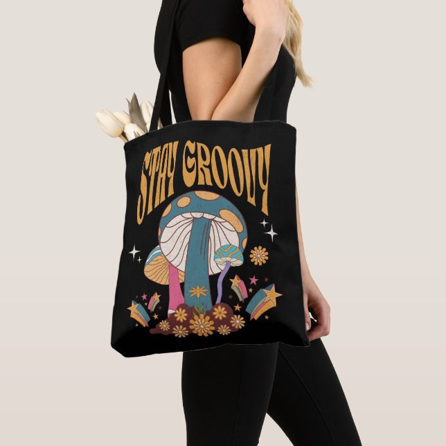 Retro Stay Groovy Mushroom Tote Bag (Close Up)