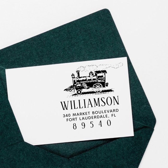 Retro Steam Train Family Name Return Address Rubber Stamp (Creator Uploaded)