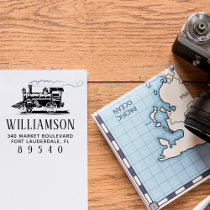 Retro Steam Train Family Name Return Address Self-inking Stamp