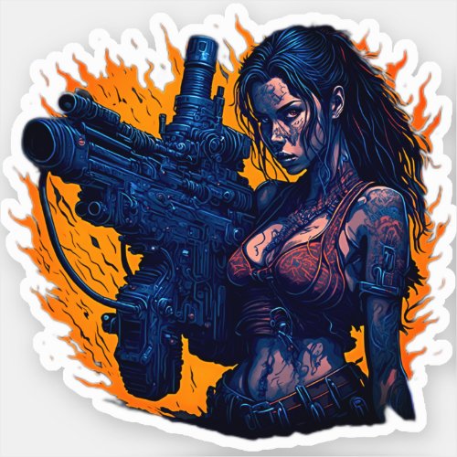 Retro Steampunk Chic Bikini Girl With Machine Gun Sticker