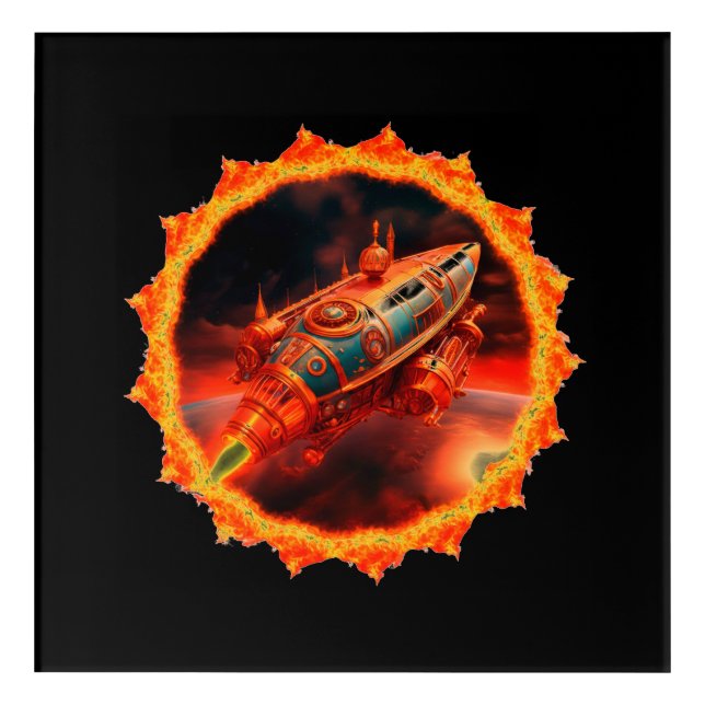 Retro Steampunk Moon Rocket Acrylic Print (Front)