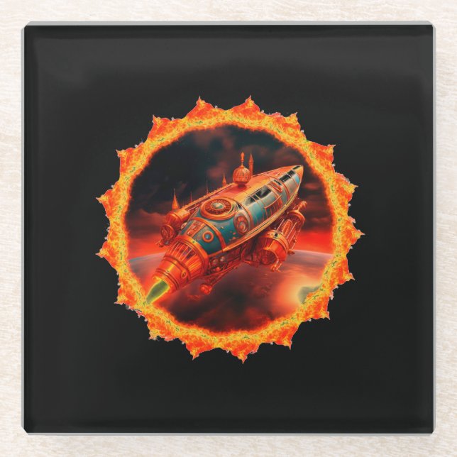 Retro Steampunk Moon Rocket Glass Coaster (Front)