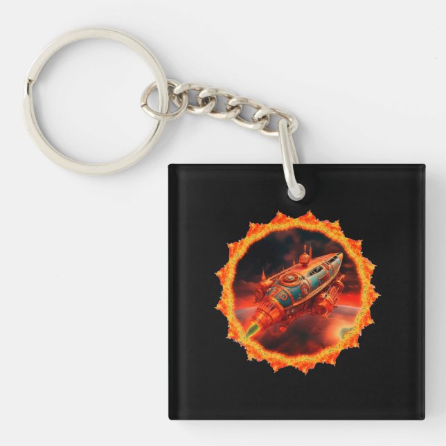 Retro Steampunk Moon Rocket Keychain (Front)