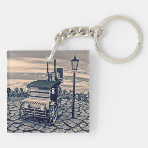 Retro Steampunk Taxi Cab City Art Keychain