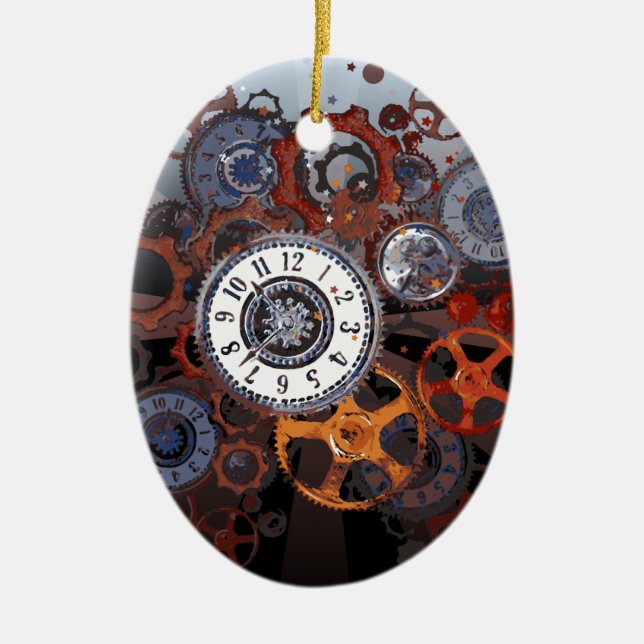Retro steampunk watch parts, gears and cogs print ceramic ornament (Front)