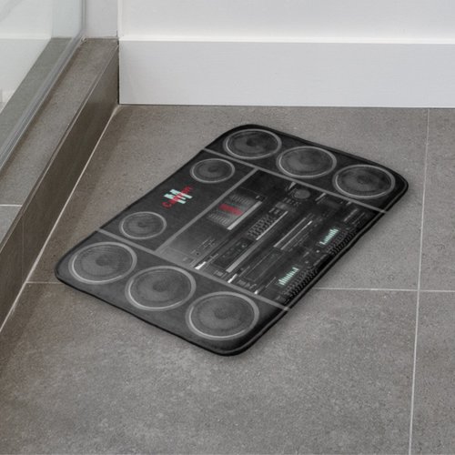 Retro Stereo System Black Bath Mat