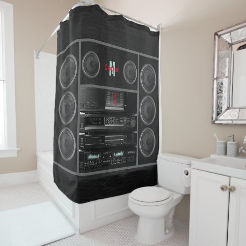 Retro Stereo System Black Shower Curtain